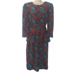 Vintage 1970's  JT Silky Floral Belted Peplum Midi Dress